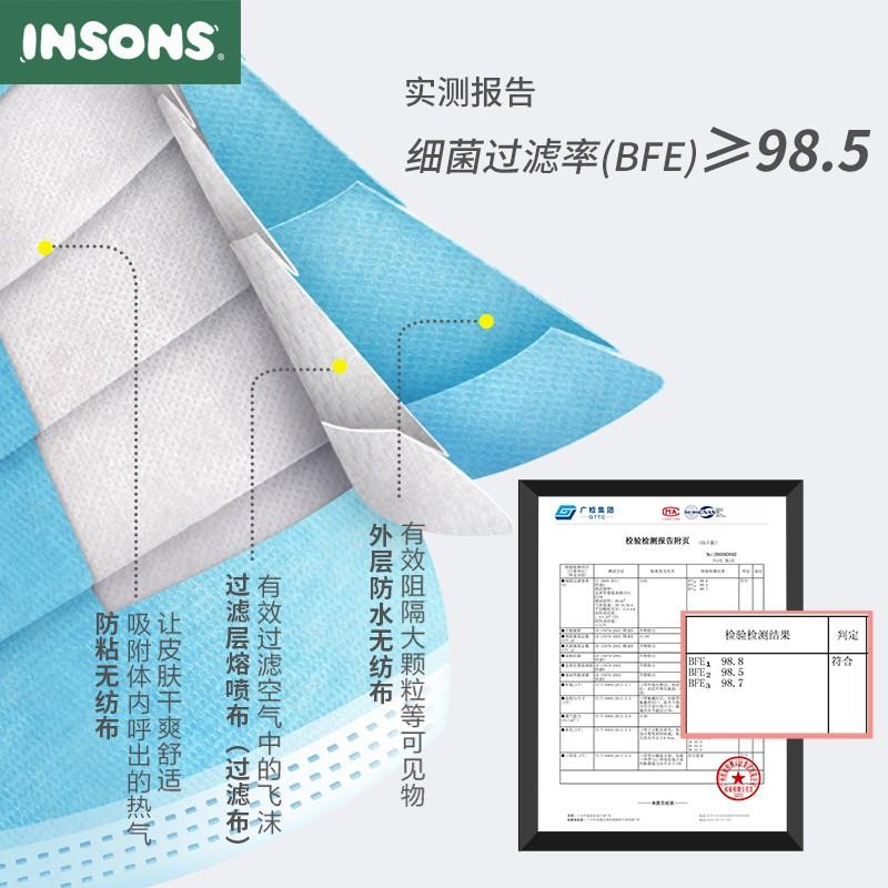 INSONS 口罩 一次性使用防护口罩 独立包装 单包装 (单位: 包 规格: 1包装 50片/包)